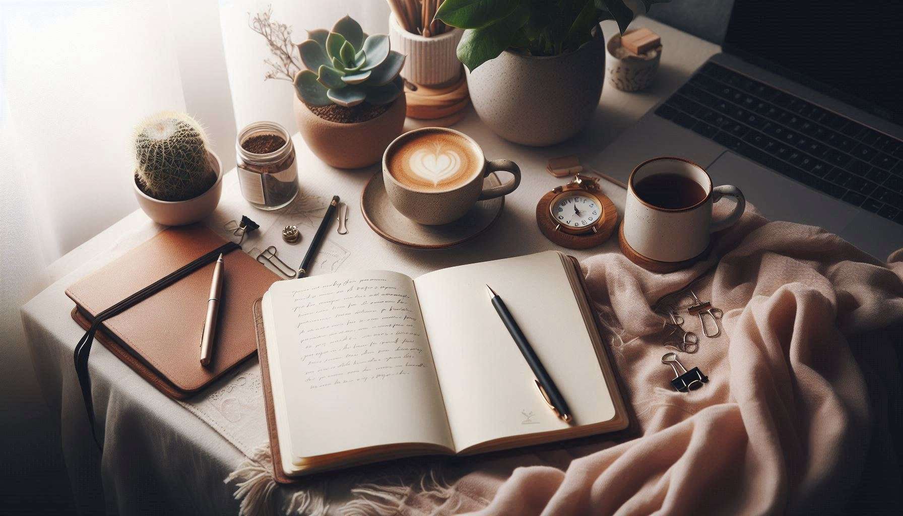 Open journal and pen on a calm desk for mental health journaling.
